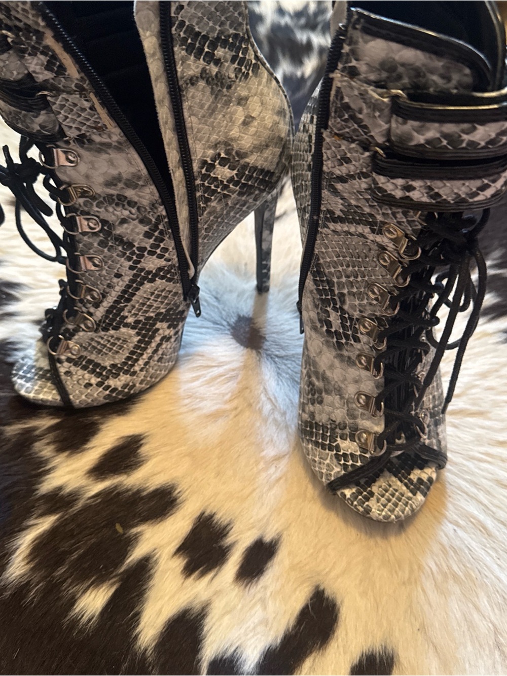 Snakeskin Lace-Up Peep-Toe Stiletto Booties - Gray